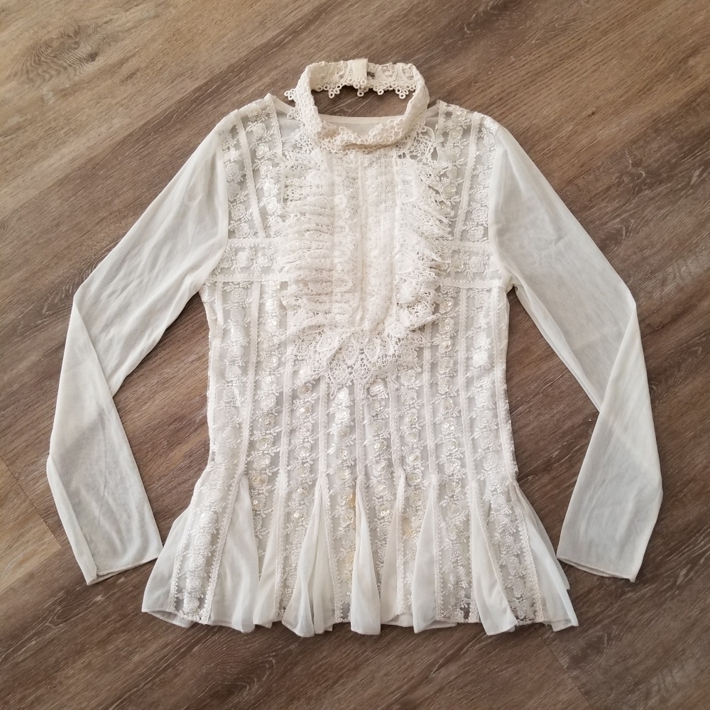 Vintage Ivory Handmade Victorian Lace Mesh Blouse Top Size Small